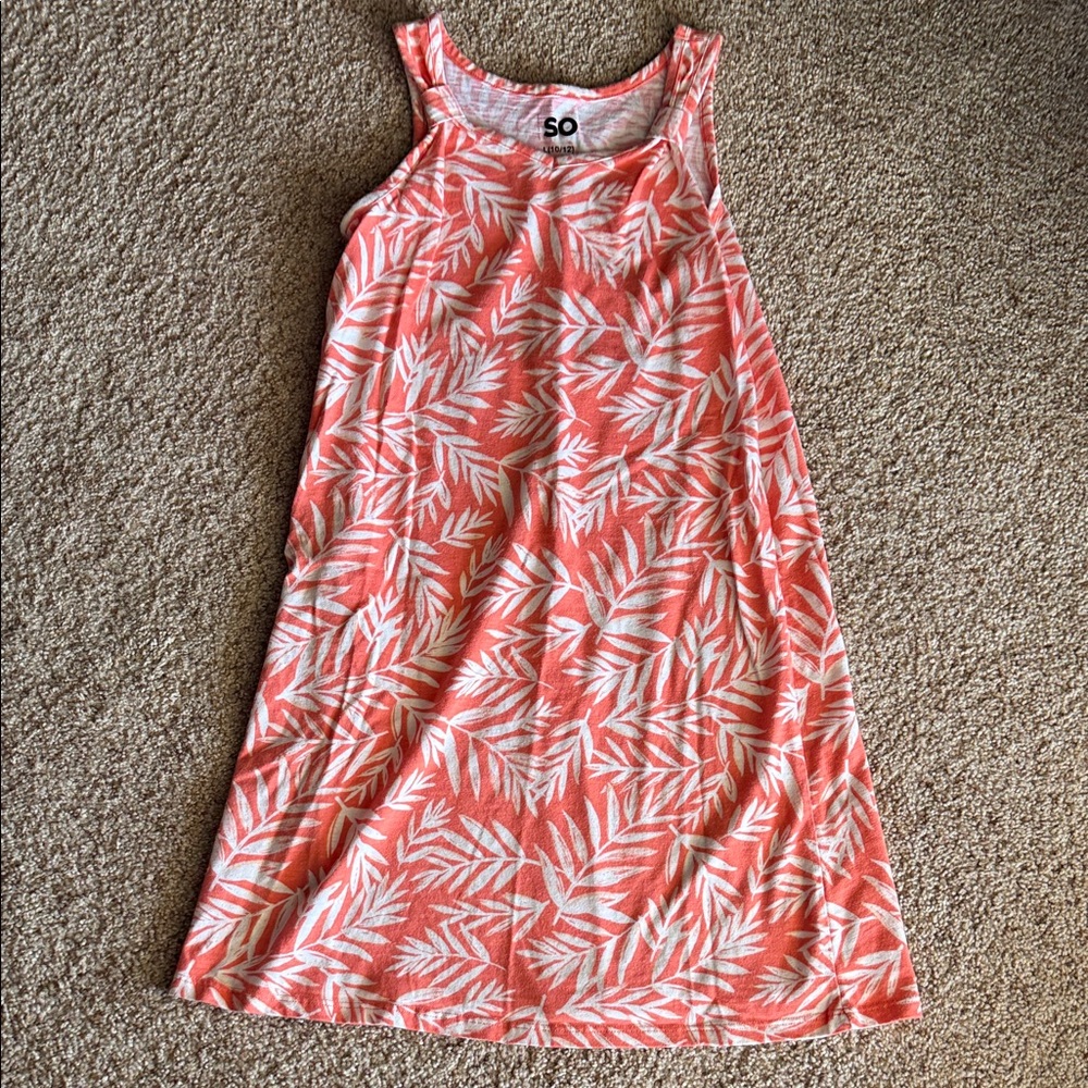 SO Coral and White Leaf-Print Sleeveless Girls Dress